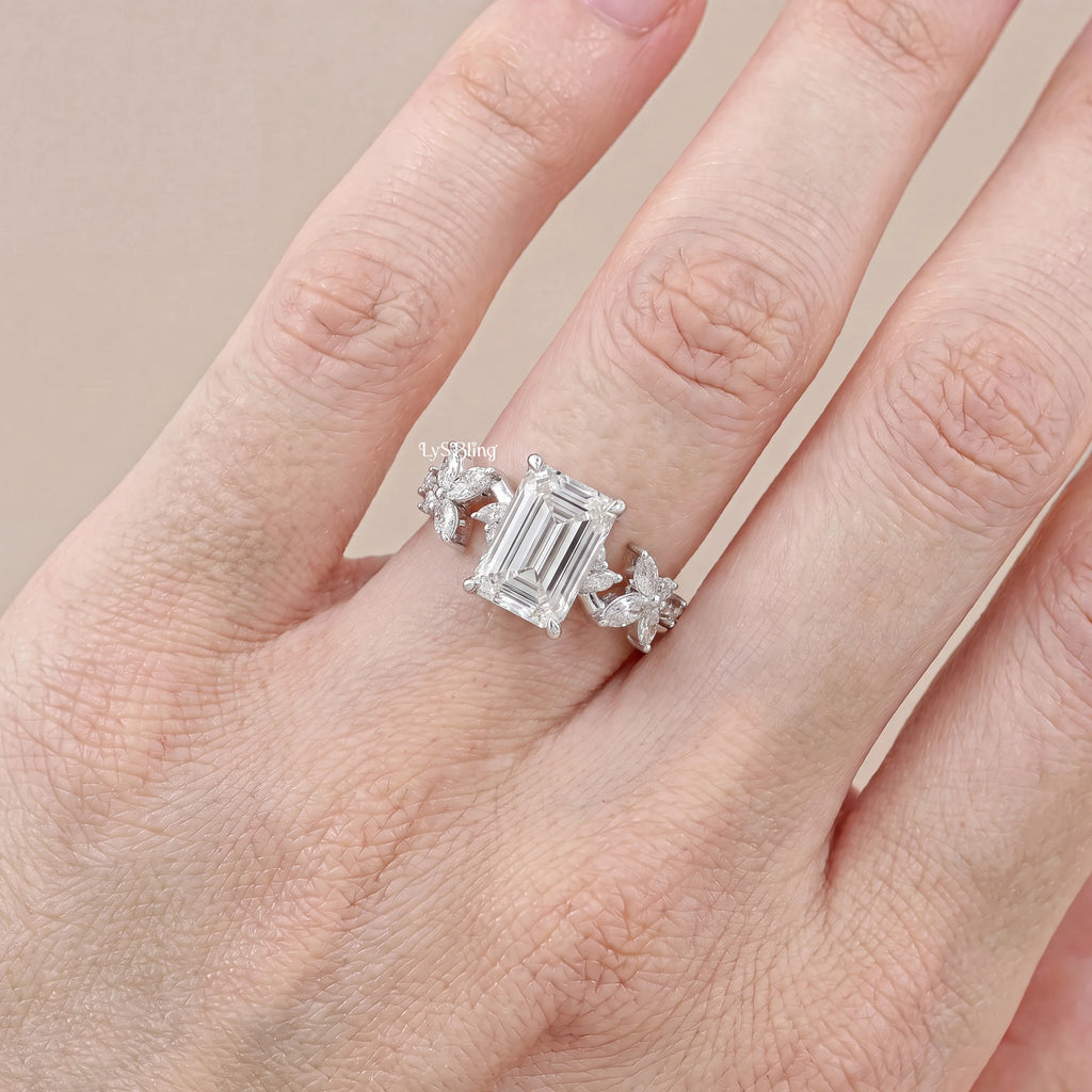 Emerald Cut Lab Grown Diamond Accent Engagement Ring