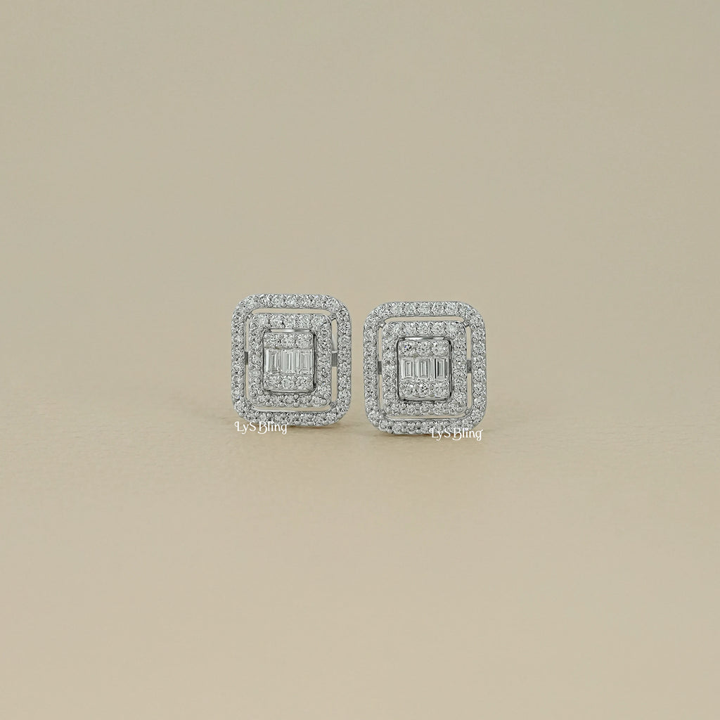 Baguette Cut Lab Grown Diamond Double Halo Earrings