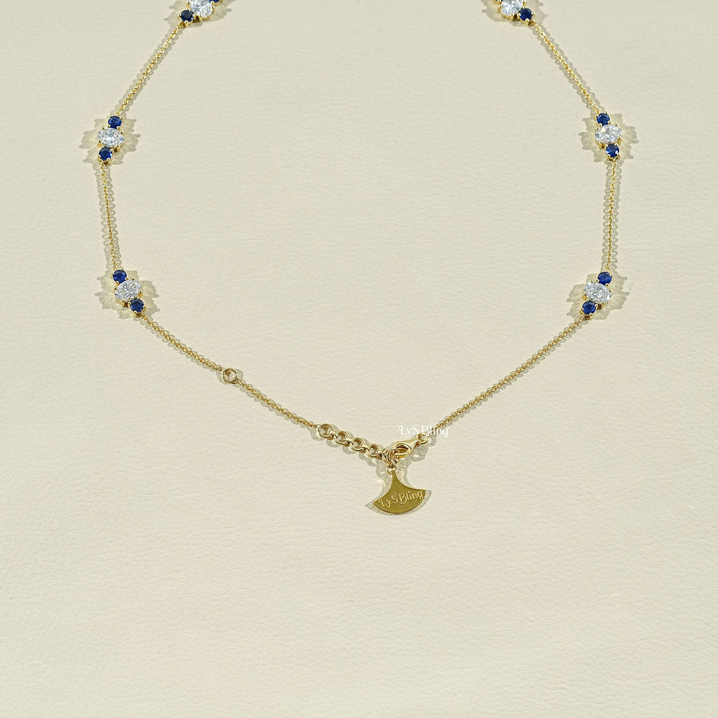 Trio Sapphire And Oval Lab Diamond Station Necklace
