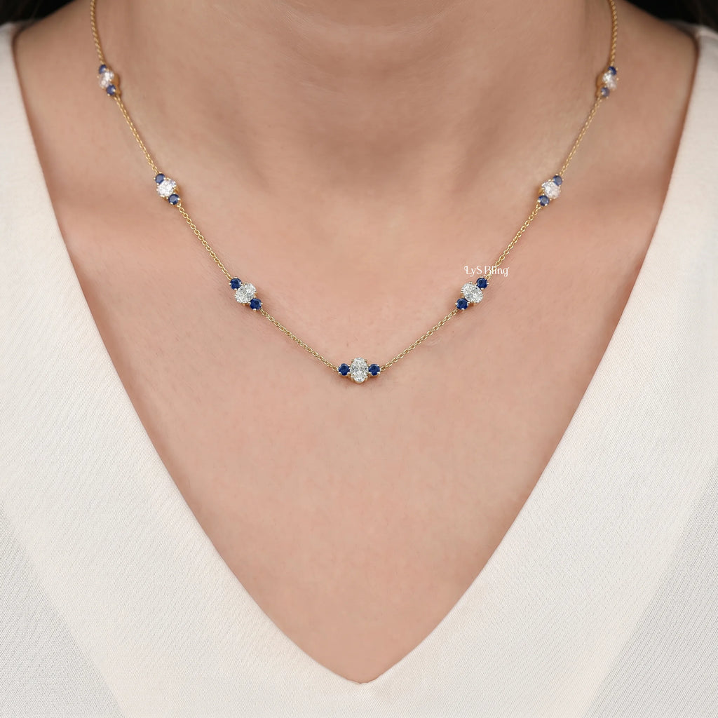 Trio Sapphire And Oval Lab Diamond Station Necklace