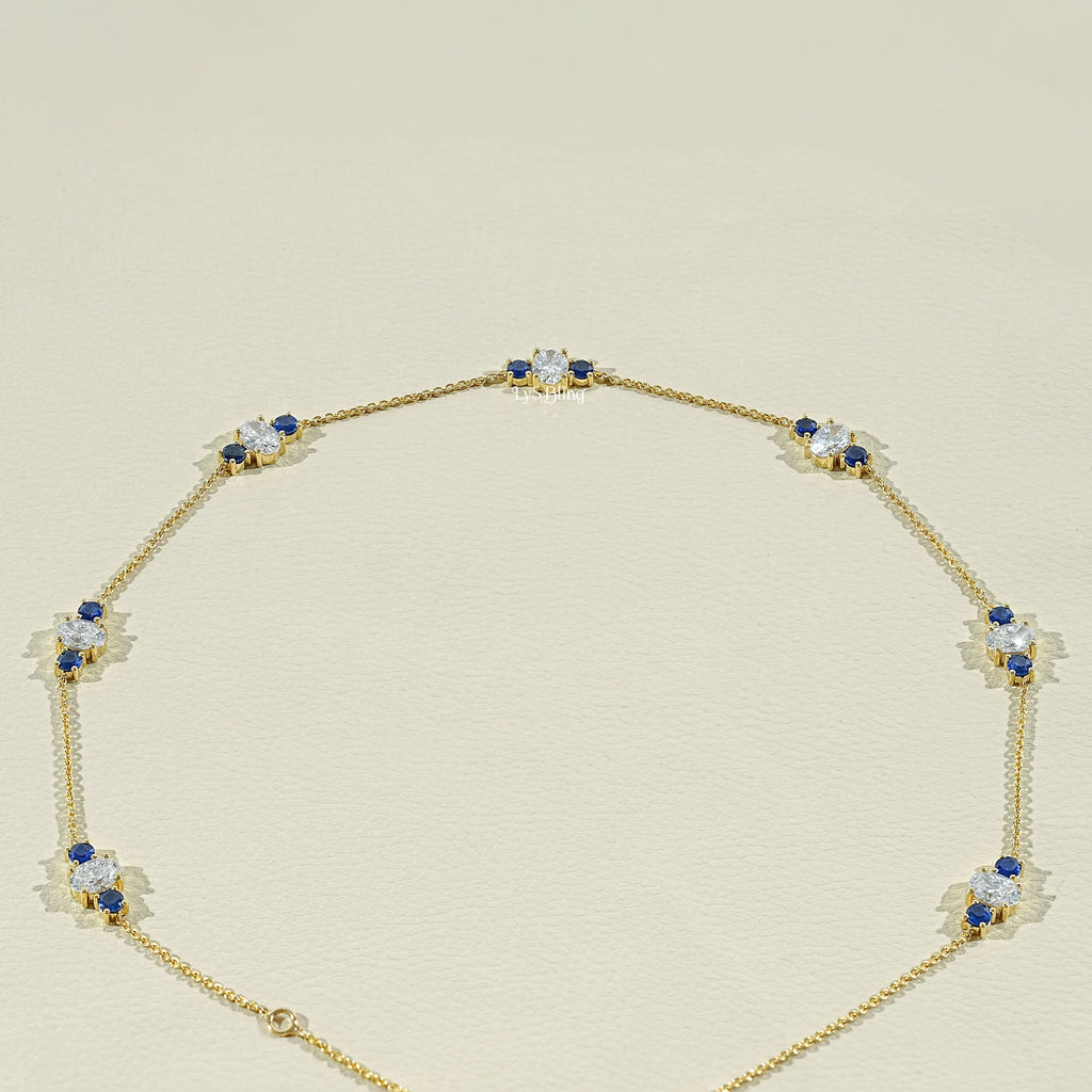 Trio Sapphire And Oval Lab Diamond Station Necklace