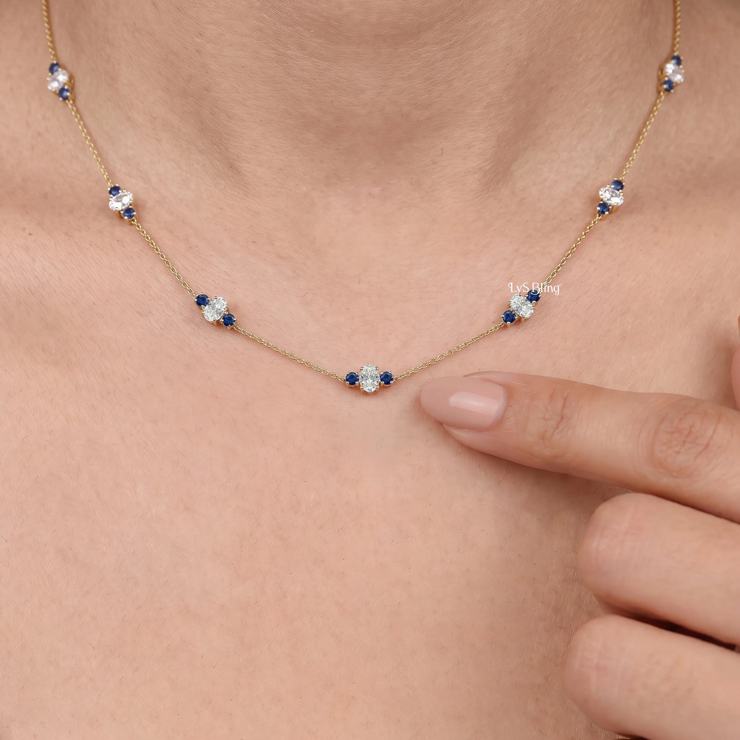 Trio Sapphire And Oval Lab Diamond Station Necklace