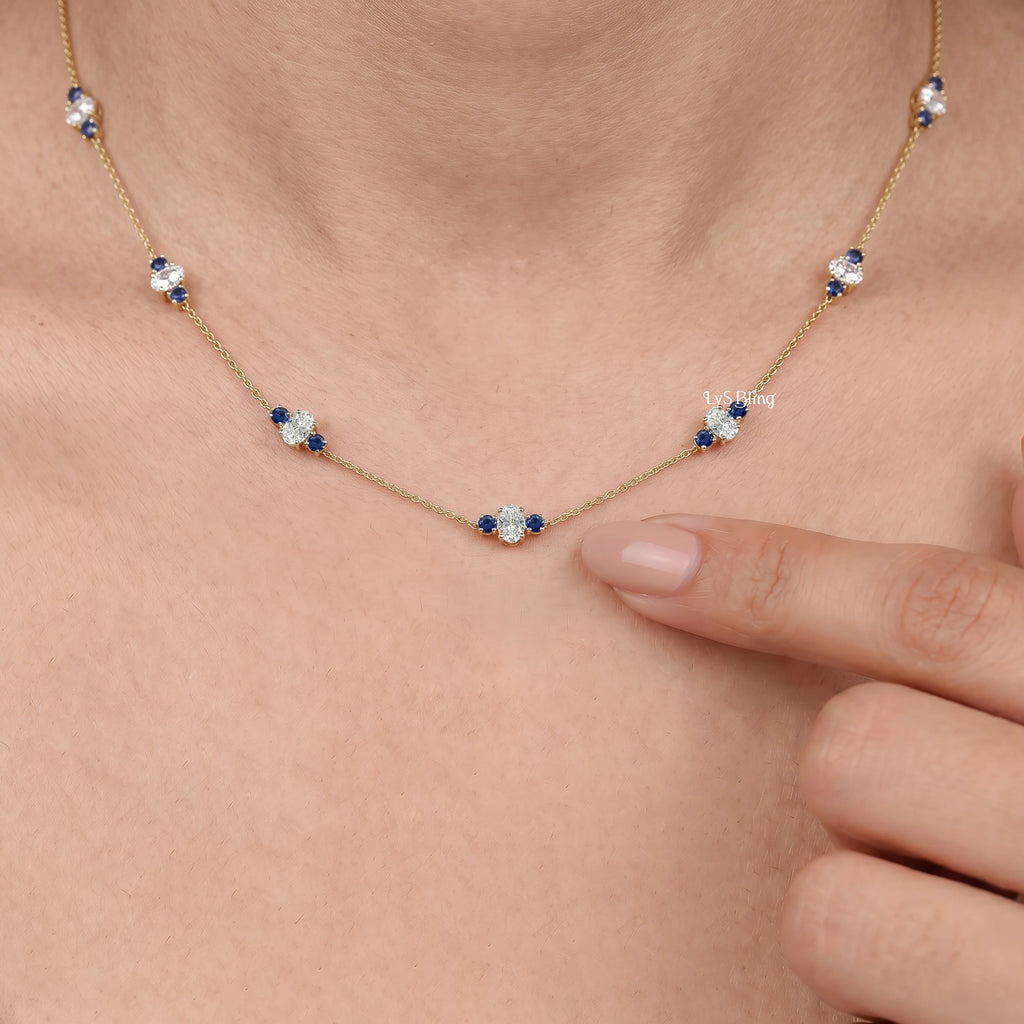 Trio Sapphire And Oval Lab Diamond Station Necklace