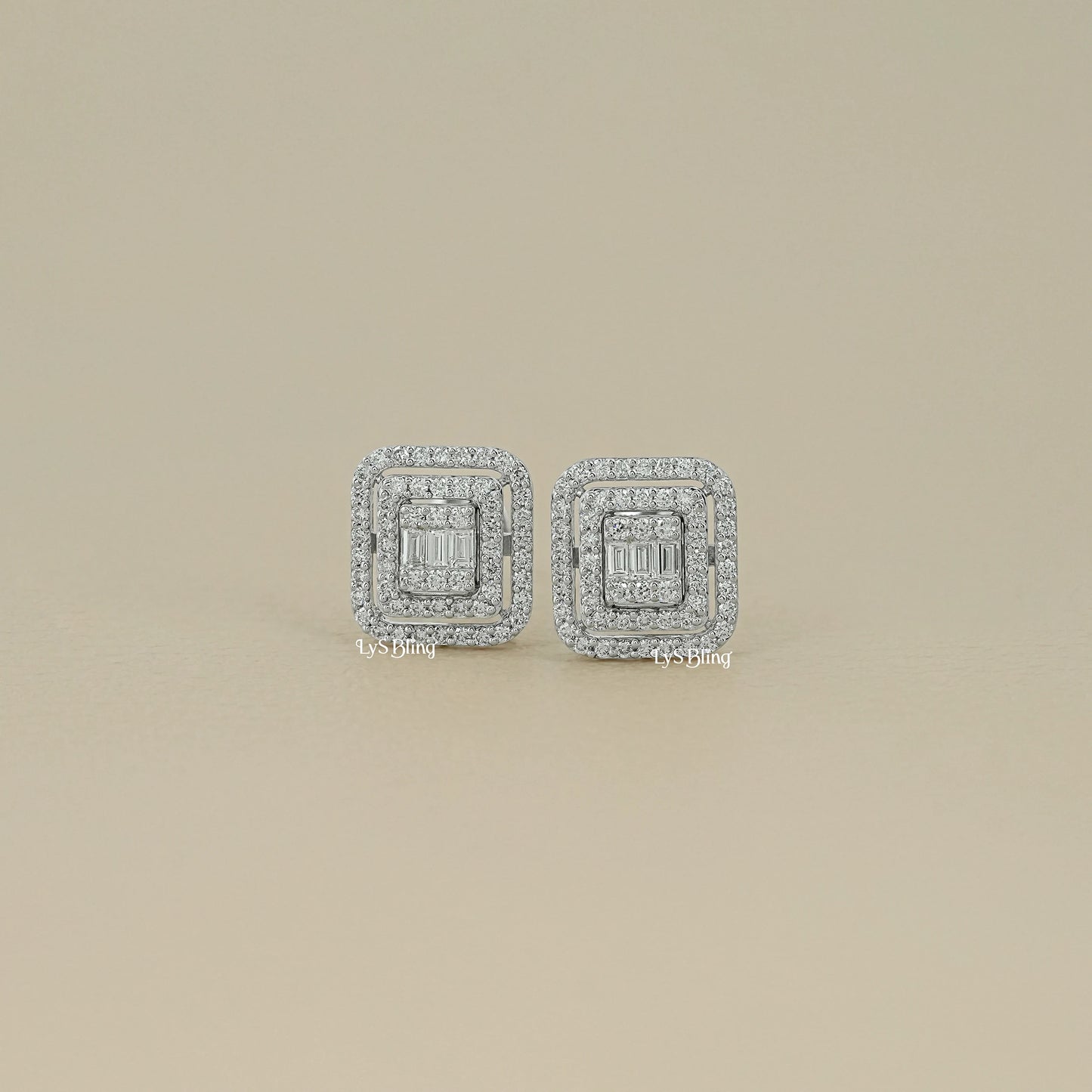 Baguette Cut Lab Grown Diamond Double Halo Earrings