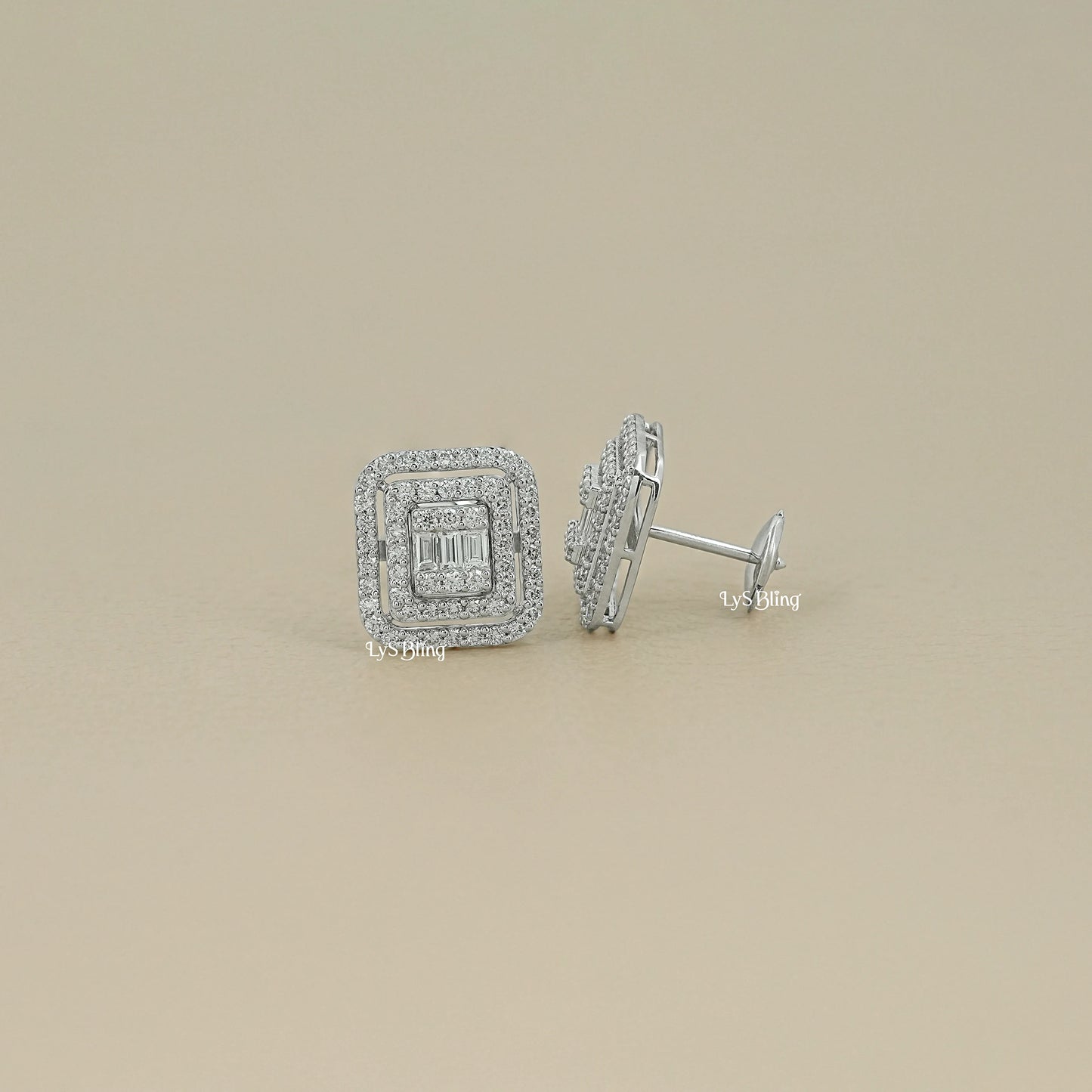 Baguette Cut Lab Grown Diamond Double Halo Earrings