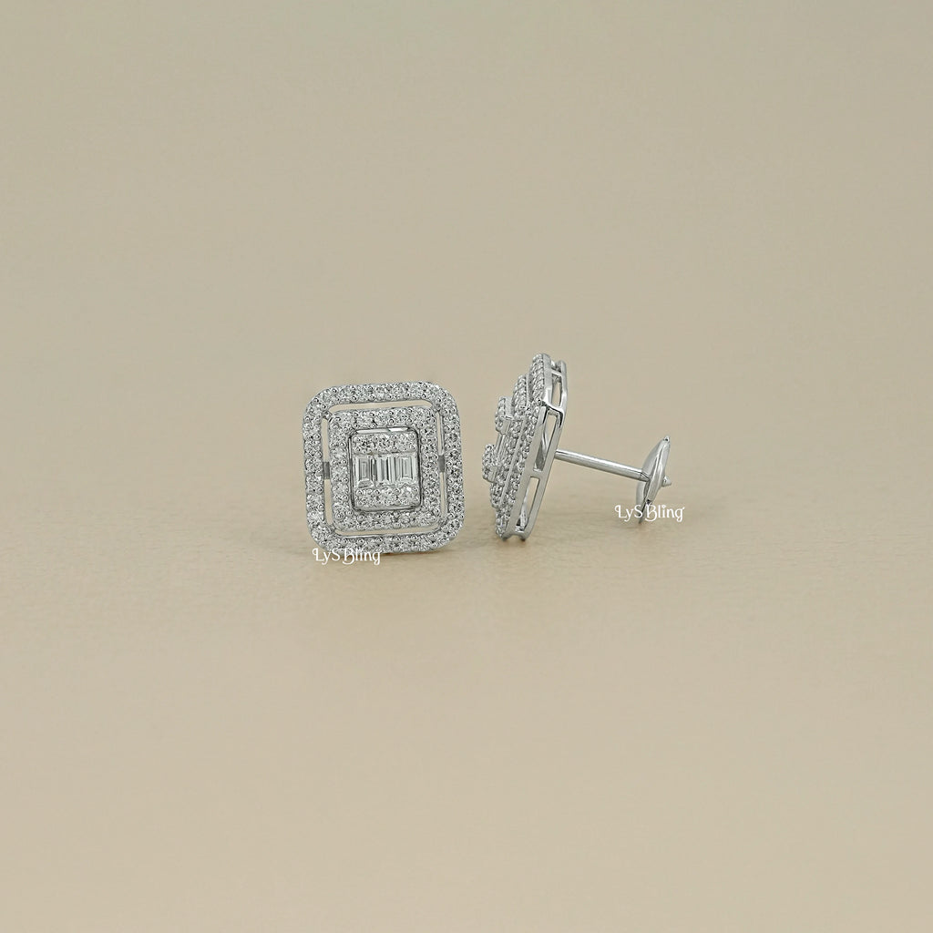 Baguette Cut Lab Grown Diamond Double Halo Earrings