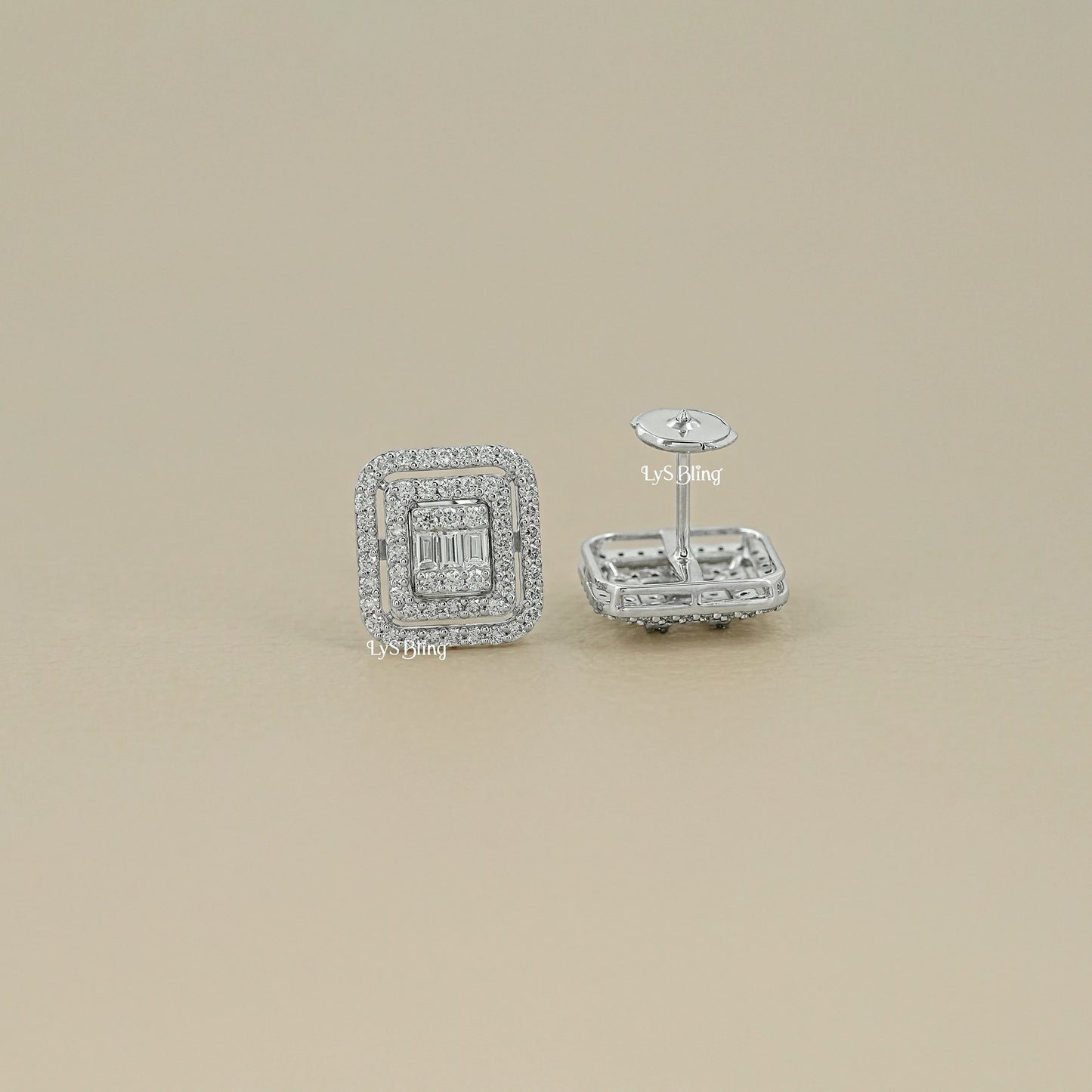 Baguette Cut Lab Grown Diamond Double Halo Earrings