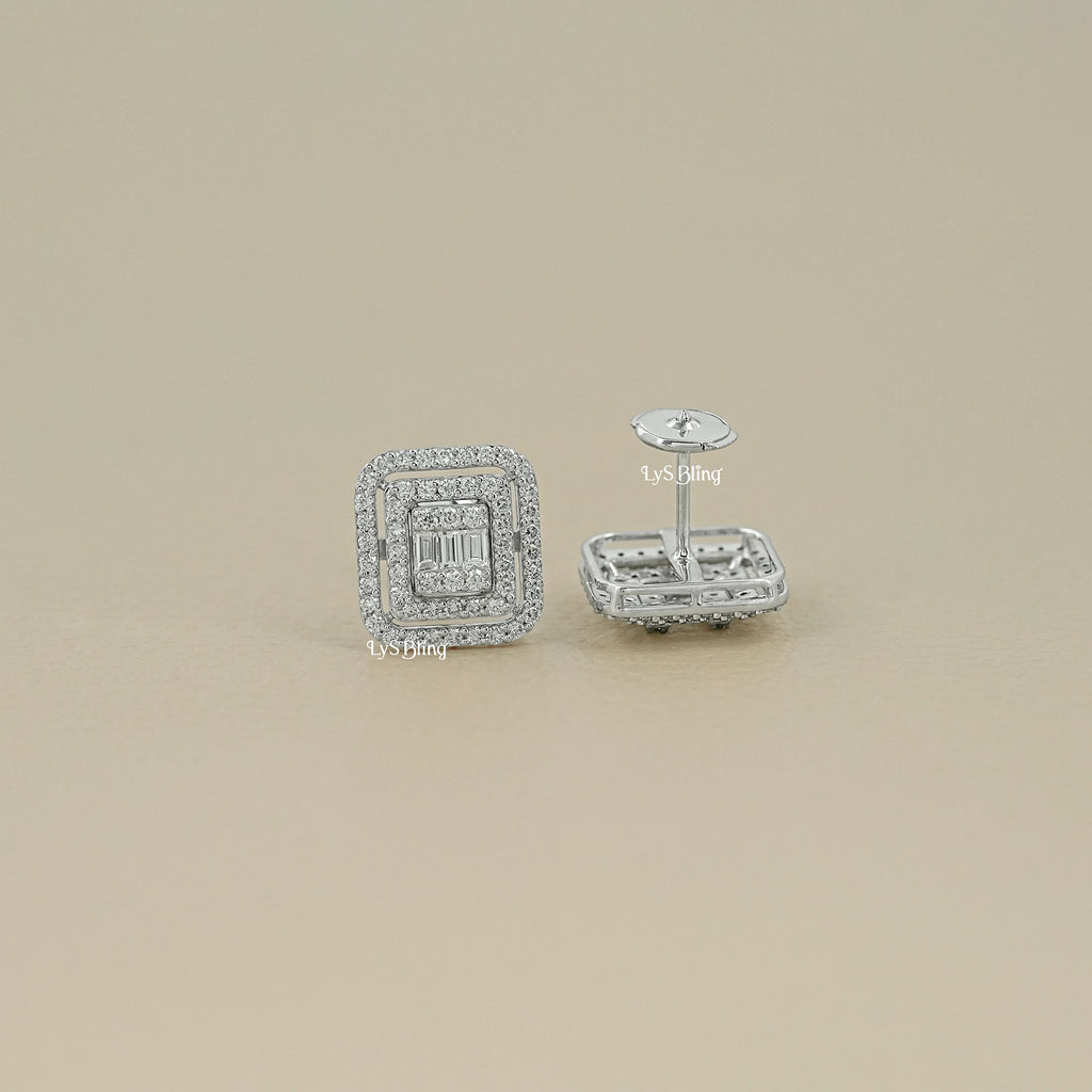 Baguette Cut Lab Grown Diamond Double Halo Earrings