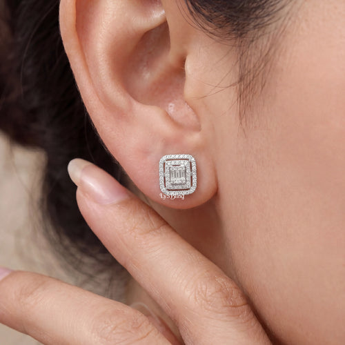 Baguette Cut Lab Grown Diamond Double Halo Earrings