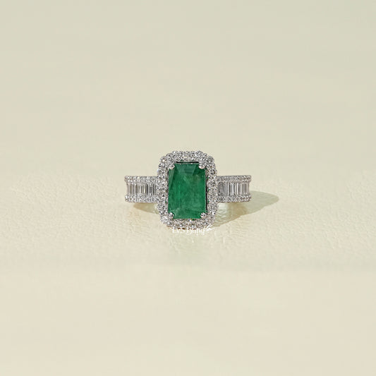 Natural Green Gemstone Halo Accent Diamond Ring