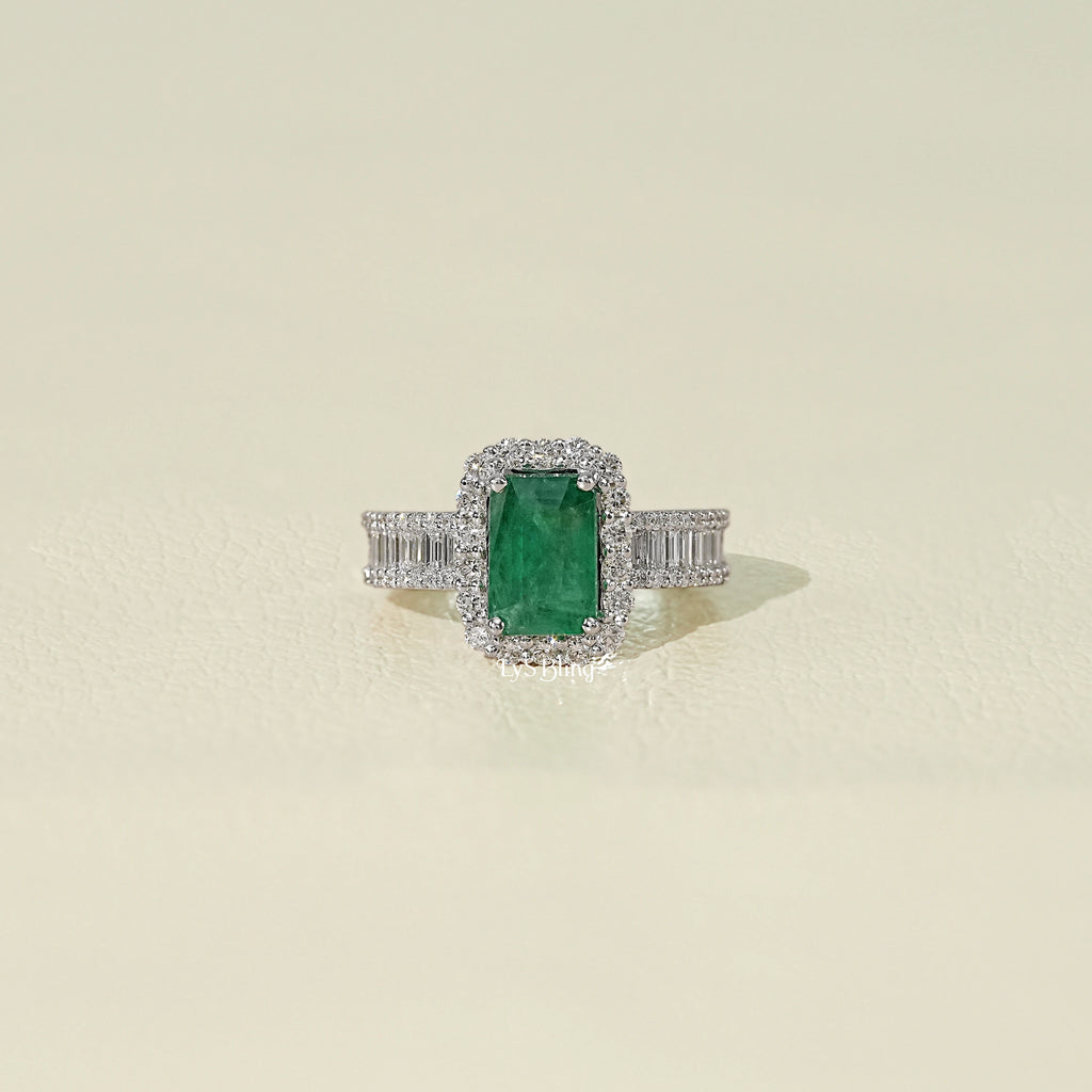 Natural Green Gemstone Halo Accent Diamond Ring