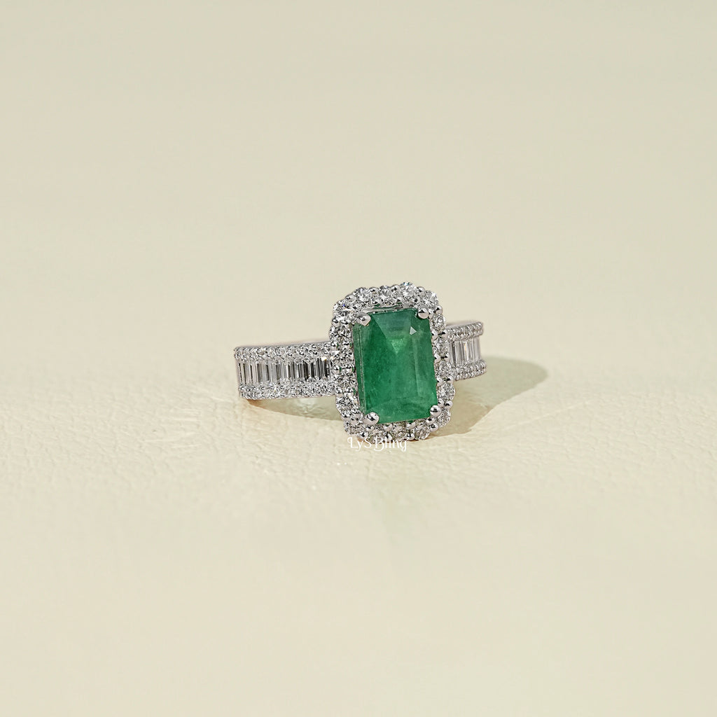 Natural Green Gemstone Halo Accent Diamond Ring