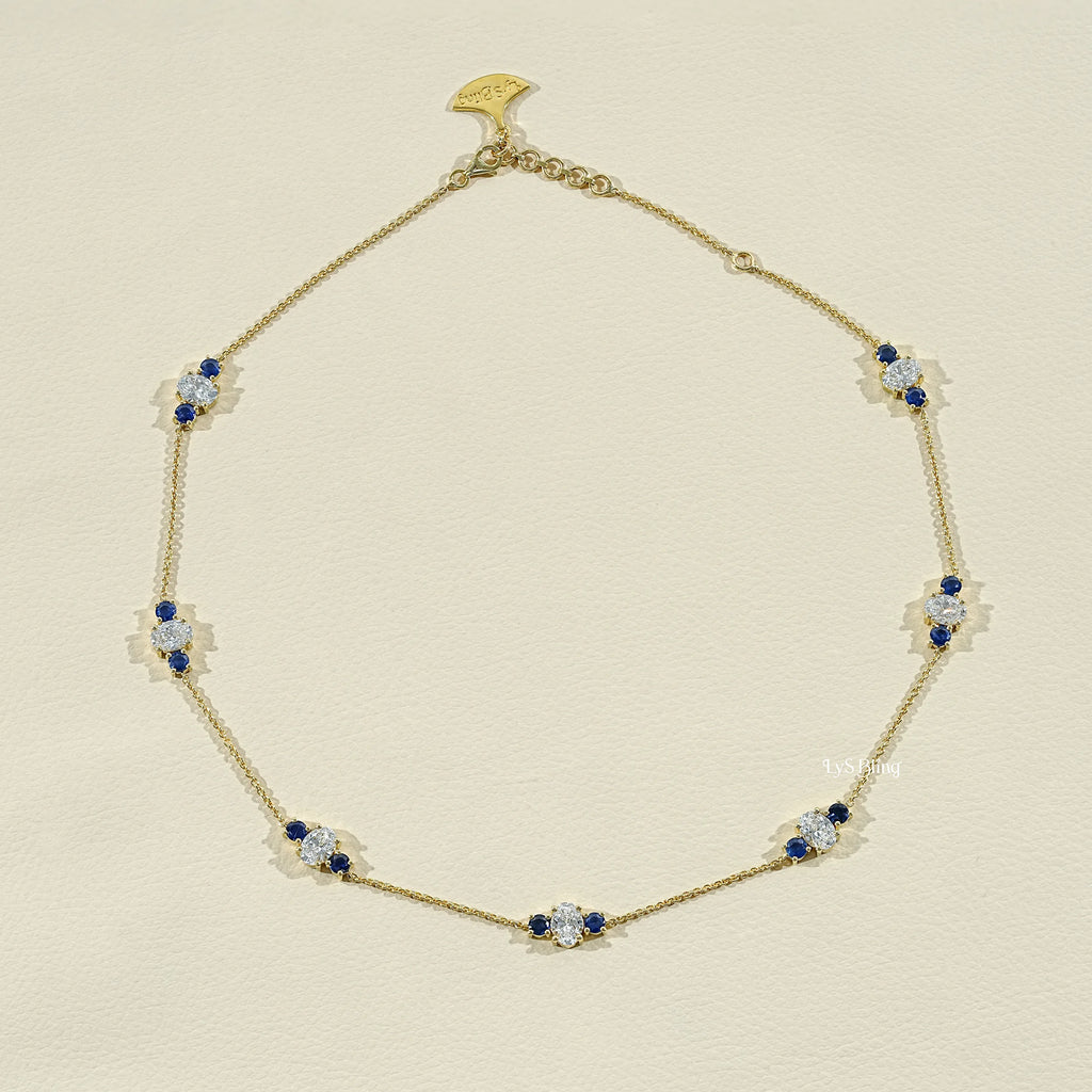Trio Sapphire And Oval Lab Diamond Station Necklace