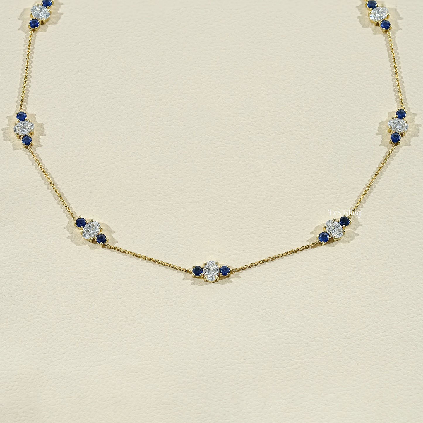 Trio Sapphire And Oval Lab Diamond Station Necklace