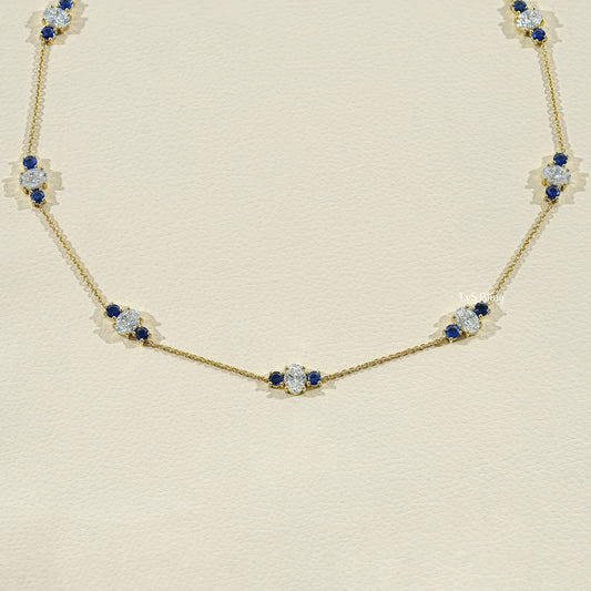 Trio Sapphire And Oval Lab Diamond Station Necklace