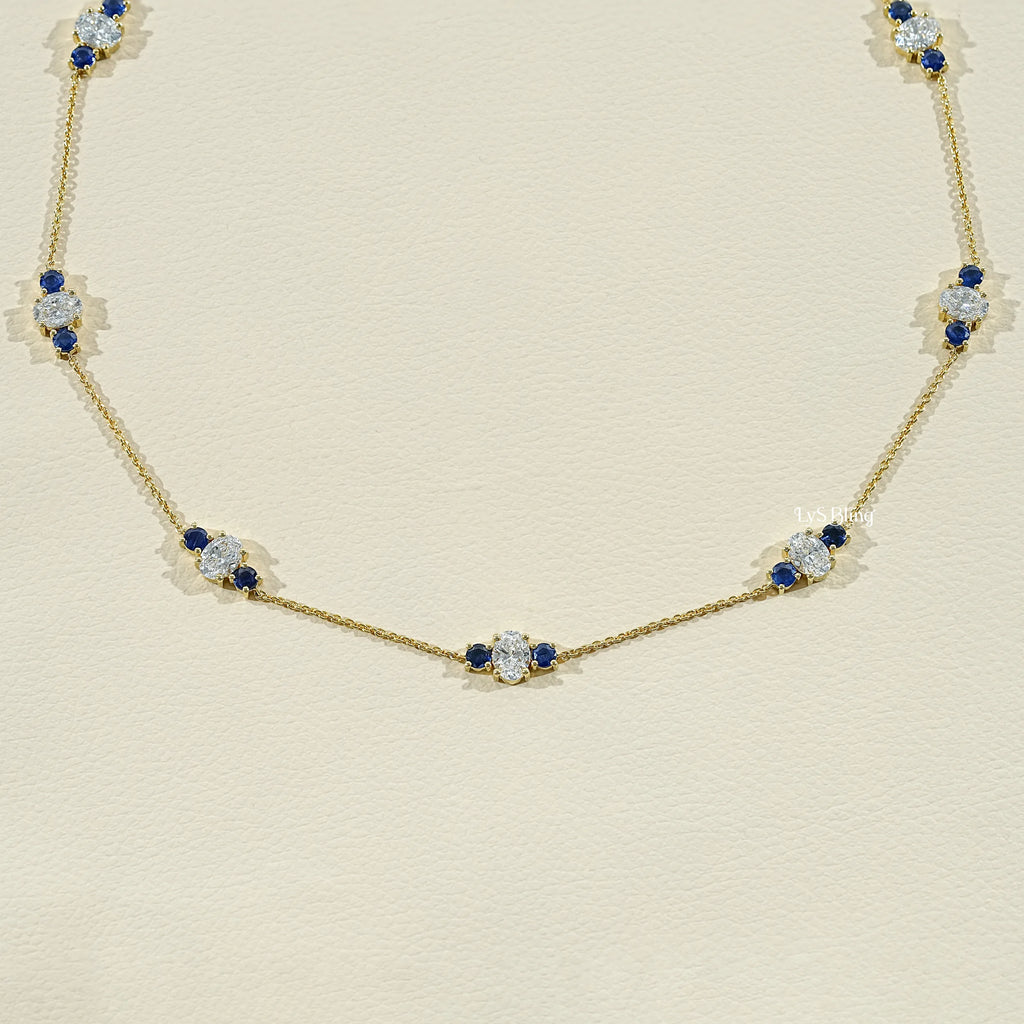Trio Sapphire And Oval Lab Diamond Station Necklace